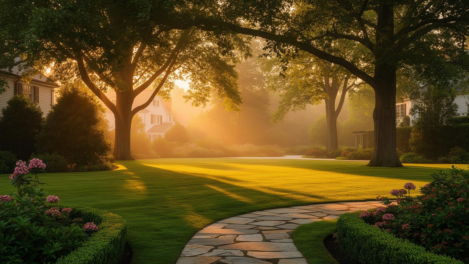 Beautifully maintained estate lawn at golden hour